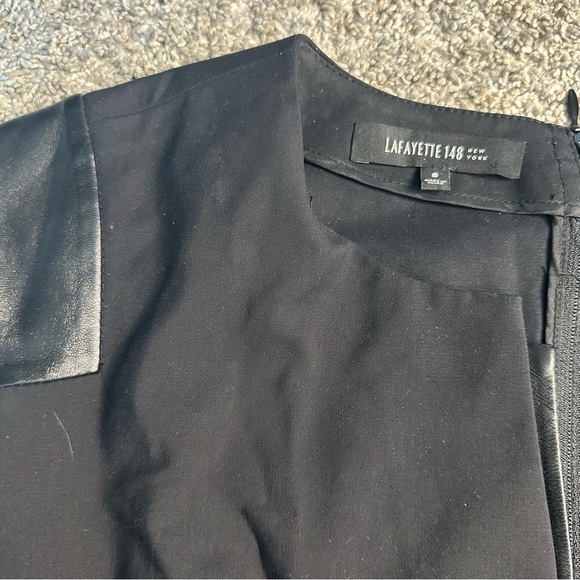 Lafayette 148 New York Black Dress 8 LBD leather trim cocktail contemporary - Picture 6 of 12